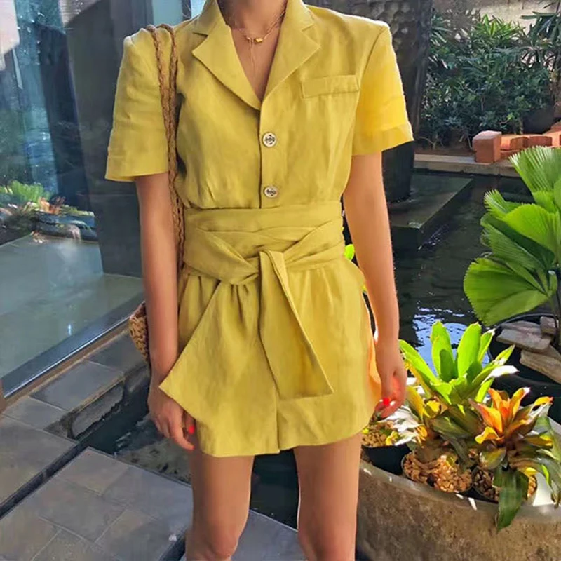 

Seiwnibu 2019 summer Women Solid color Turn down collar Casual Short Sleeve Buttons overalls elegant Bandage Polyester Jumpsu