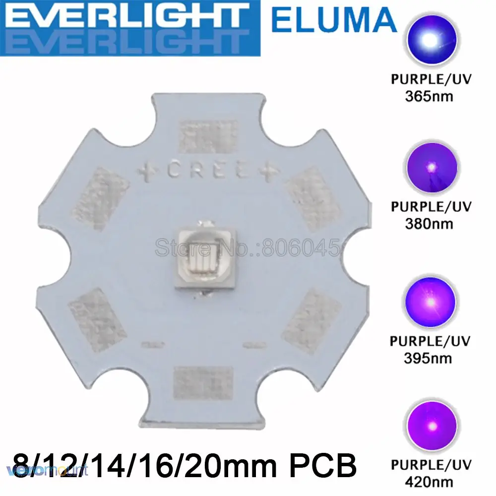 

5pc/lot Everlight Chip 3W 3535 UV Ultraviolet Purple High Power LED Light Emitter 365nm 380nm 395nm 420nm on 8/12/14/16/20mm PCB