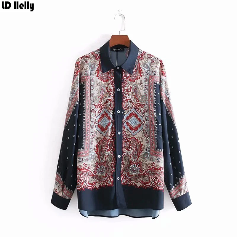 

LD Helly New Arrival Women Locate Printed Blouse Retro Turn-down Collar Long Sleeve Female Casual Shirt Tops Blusas Mujer