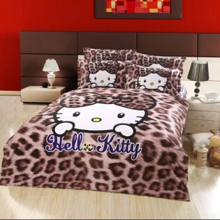 Spcial Deal! Leopard print hello kitty 100% cotton bedding set for girls&kids king/queen/full ...