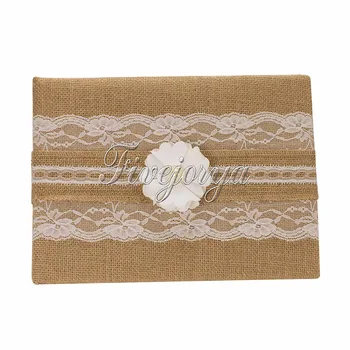 

Rustic Wedding Guest Book Burlap Fabric With Lace Flowers Pearls for Banquet Party Reception Wedding Decor Gifts 16cm x 25cm