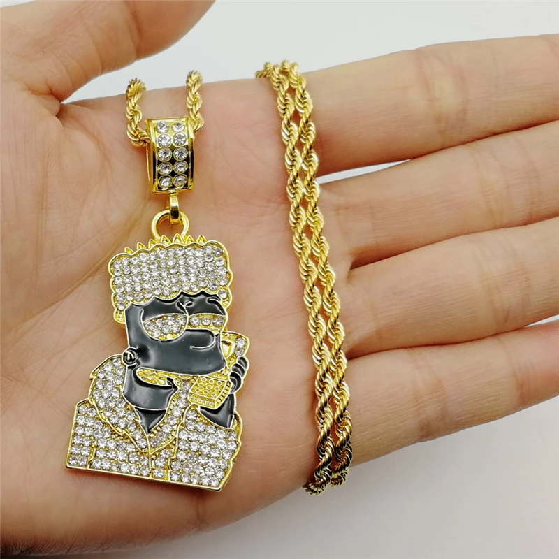 

New Hot Gold Stainless Steel Monkey Rhinestone Hip Hop Rock Bling Iced Out Jewelry Head crystal Pendant Necklace for men boys