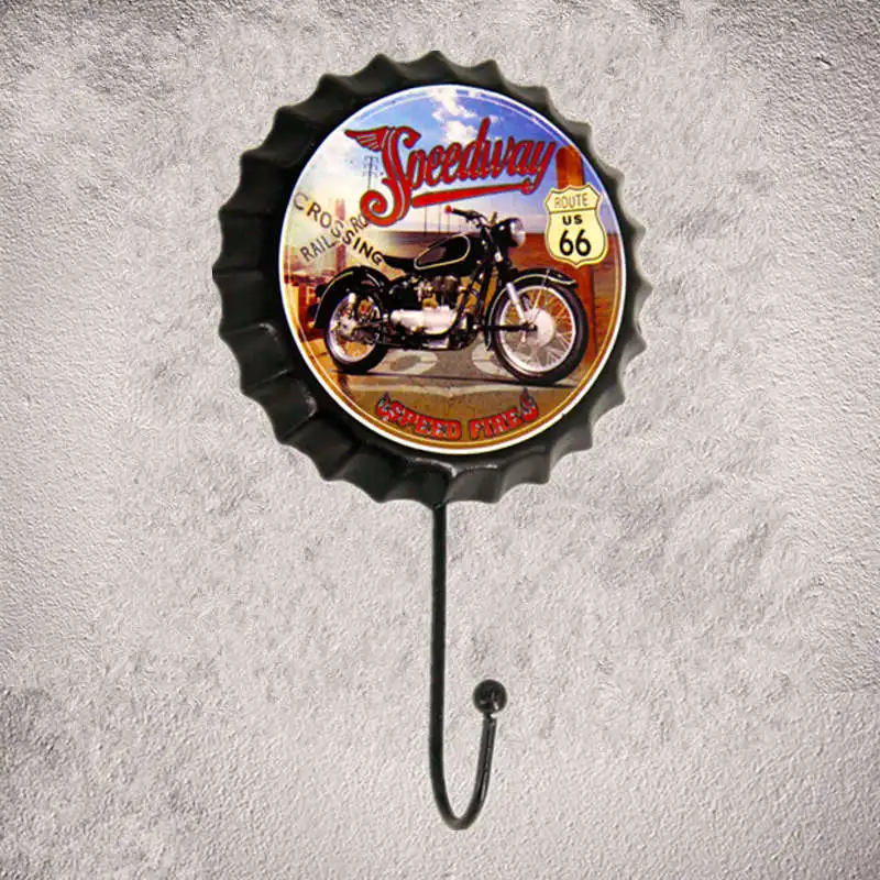 Route 66 Speedway Motorcyle Beer Bottle Cap Hook Metal Tin sign Rustic Wall Plaque Garage Bar Man Cave Wall Decor