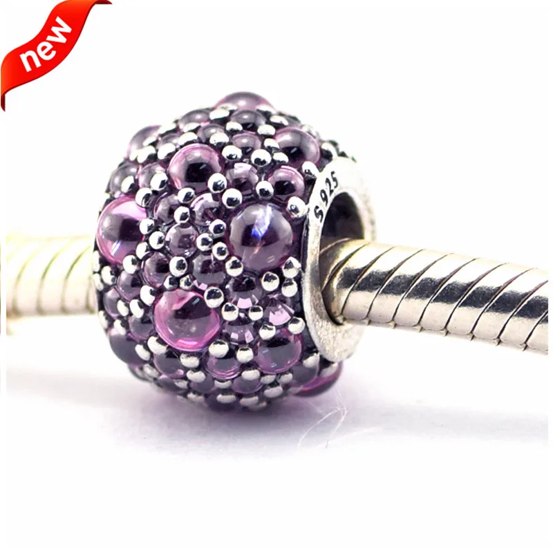 

100% 925 Sterling-Silver-Jewelry Pink Shimmering Droplets Charm Silver Beads for Jewelry Making DIY Fits Bracelet Charms F349B
