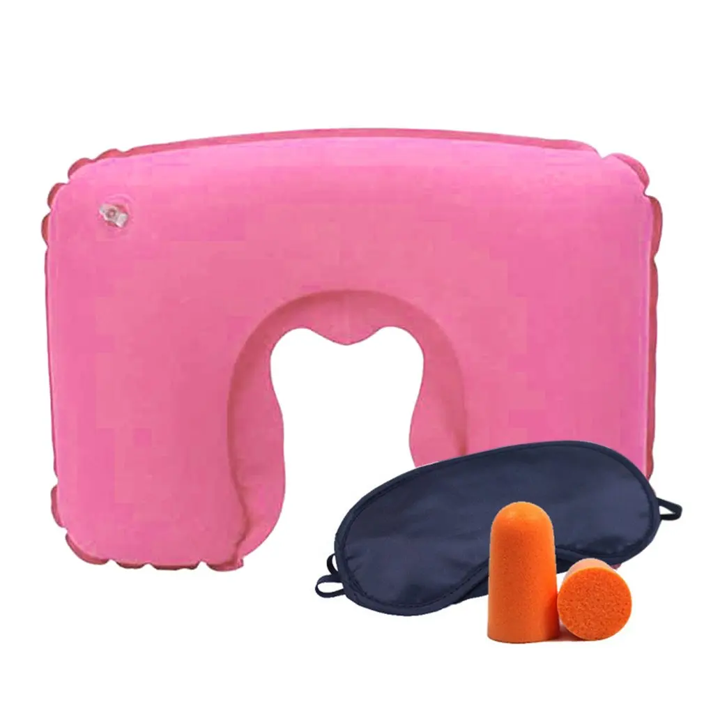 

Inflatable U-shaped Pillow Neck Rest Pillow With Eyeshade Earplug Portable Travel Set For Car Flight Travel Office