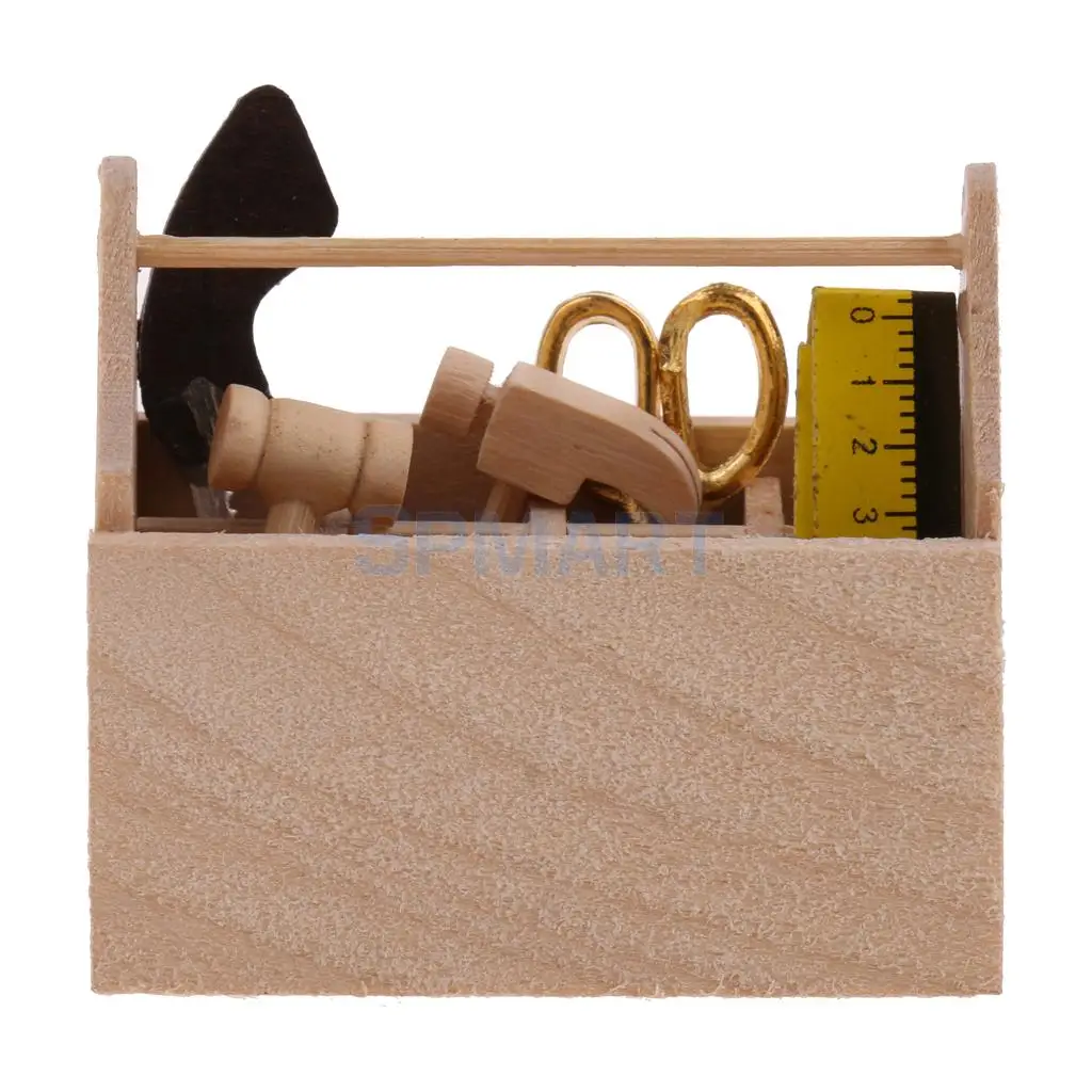 1:12 Dolls House Wooden Toolkit Toolbox Furniture Set for Dollhouse Furniture Decor Accs - Scissors Hammer Sawtooth Box