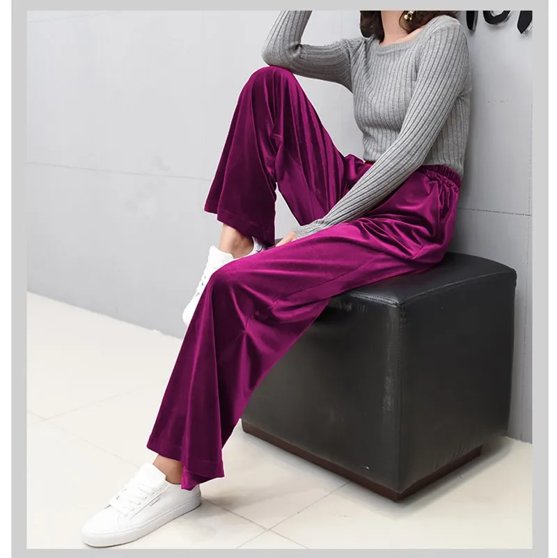 

Casual Wide Leg Pants Women Autumn Winter Velvet Pants High Waist Elastic Long Elegant Solid Trousers