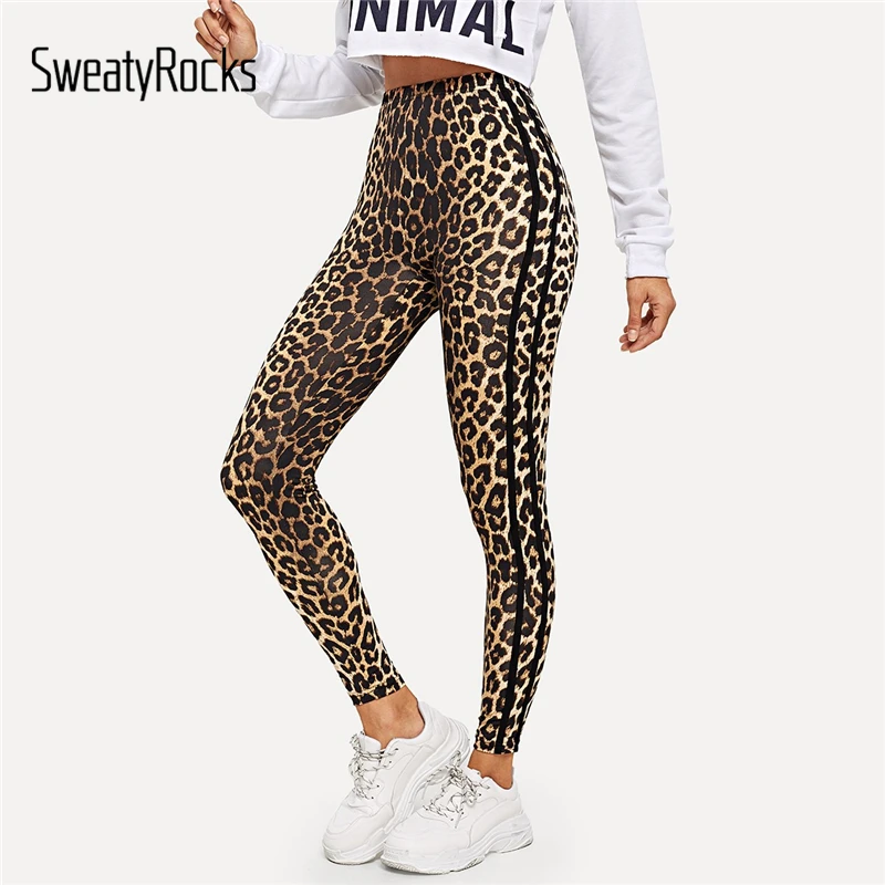 

SweatyRocks Contrast Sideseam Leopard Leggings Active Wear Women Skinny Leggings 2019 Spring Fashion Slim Athleisure Leggings