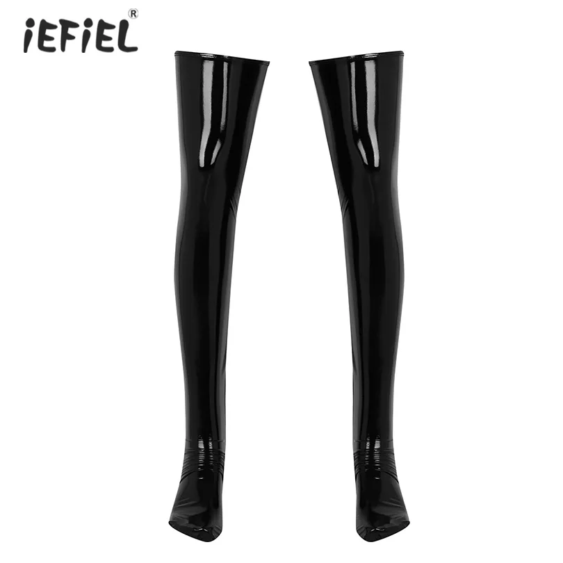 

1 Pair Men Soft Latex Stockings Medias Hombre Wetlook Patent Leather Stocking Thigh High Footed Clubwear Costume Cosplay Hosiery