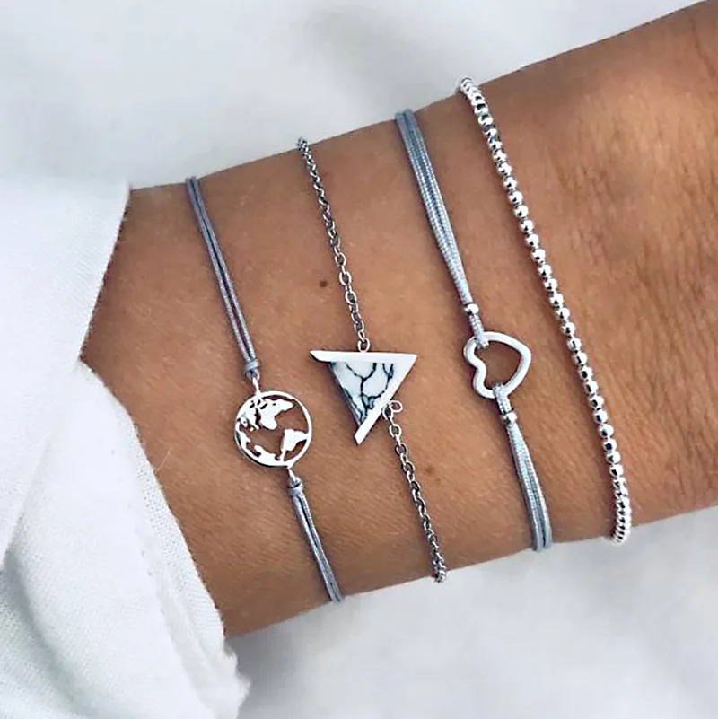 

Vintage Map Geometric Triangle Bracelet Silver Rope Braclet for Women Cuff Jewelry Wholesale 4Pcs/Set