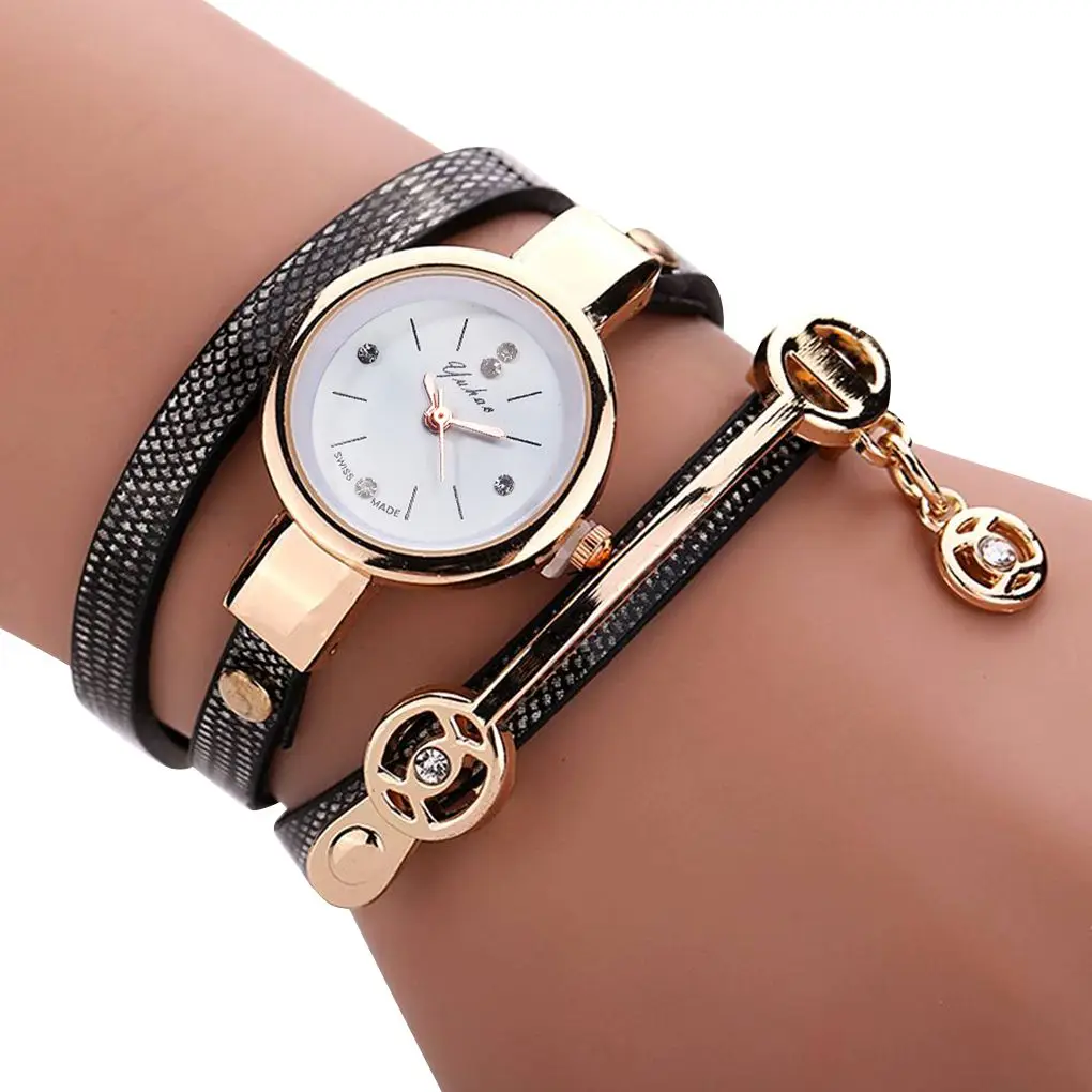 

Fashion Multi Layers Watchband Women Girl Watch Bracelet Quartz PU Leather Round Watches Wristwatch