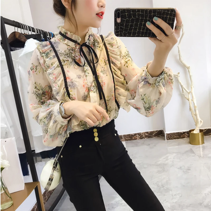 Korobov новая Корейская элегантная женская блузка с оборками на шнуровке с бантом с длинным рукавом с цветочным принтом рубашки на одной пуговице шифоновые Блузы 77781