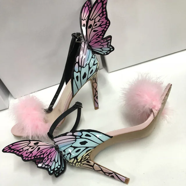 Vi'na'po'bo/милые женские летние туфли на меху; Разноцветные сандалии на высоком тонком каблуке с крыльями бабочки; sandalias mujer; розовые сандалии; женские сандалии, украшенные перьями