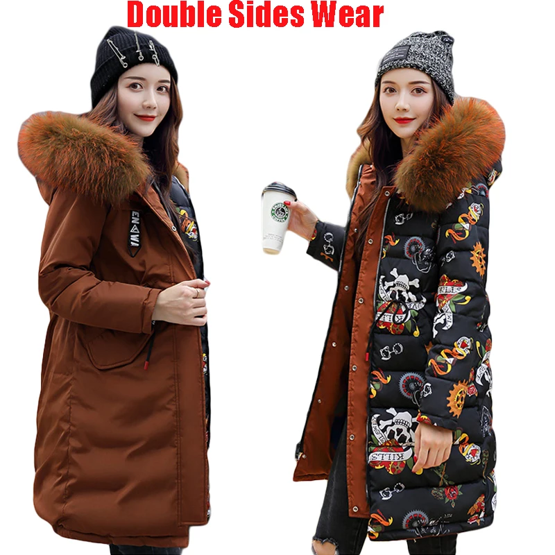 

Double Sides Wear Down Cotton Coat Plus Size Loose Parka Long Winter Women Jacket 2019 New Warm Thick Straight Outerwear D041