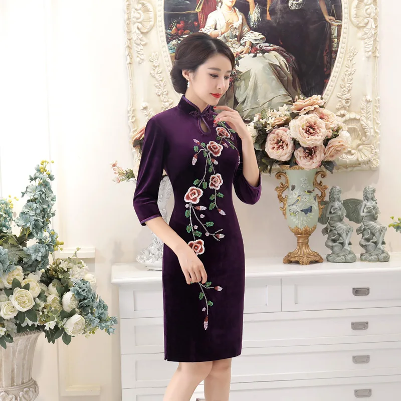 Китайский мини платье Для женщин фиолетовый бархат Cheongsam Размеры м до 4xl