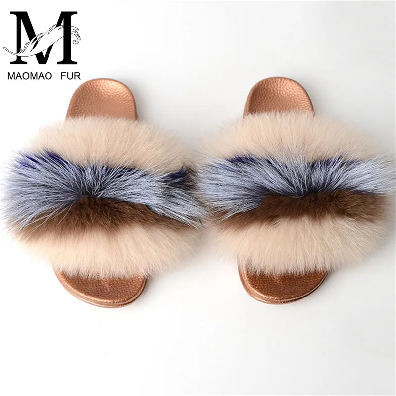

Women's Furry Slippers Ladies Cute Plush Fox Fur Slippers Women Real Fur Flip Flops Beach Sandals