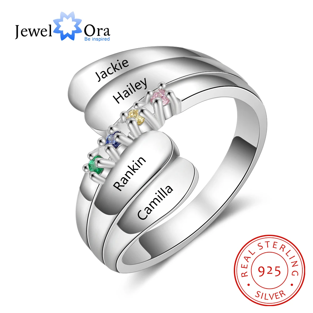 

Personalized Name Ring with 4 Birthstones 925 Sterling Silver Mother Ring Customized Family Gift for Women (JewelOra RI103805)