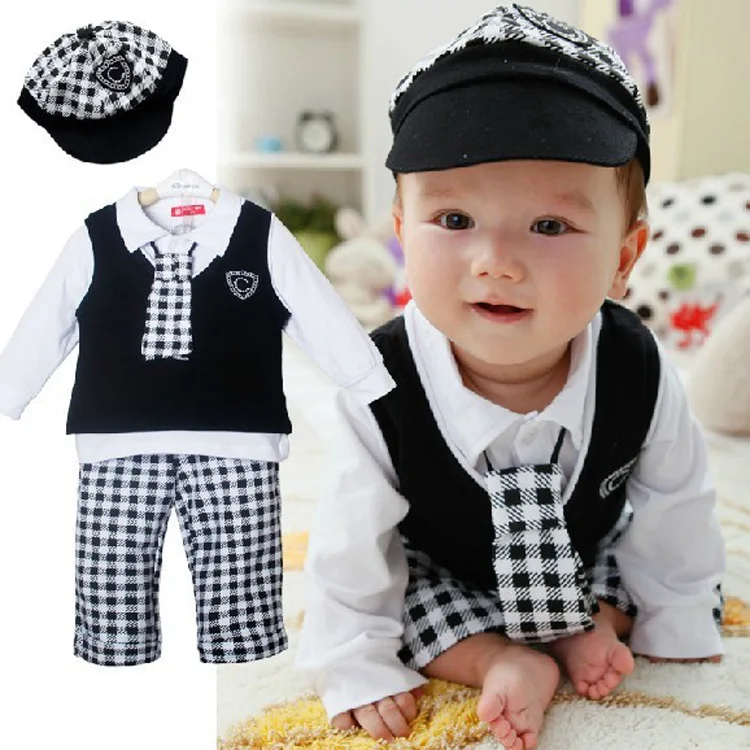 Boy Baby Formal Gentleman Suit Cap+Vest+White T Shirt Top+Pants+Tie