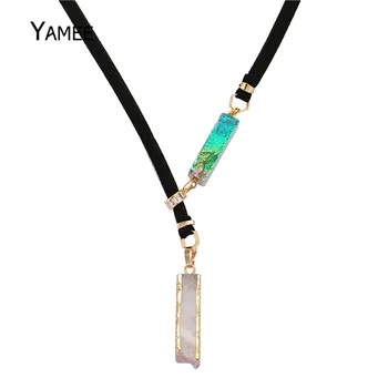

Unique White Green Titanium Nice Crystal Druzy Quartz Pendants 24k Gold Colors Plated Long Leather Rope Sweater Necklace Gift