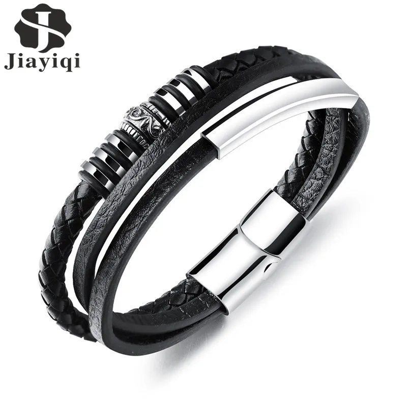 Jiayiqi Fashion Leather Bracelet for Men Black Braid Multilayer Rope Chain Stainless Steel Magnetic Clasp Male Jewelry Gifts 2017 new triple leather wrap bracelet for women fancy stone handmade multilayer czech glass beads leather rope jewelry