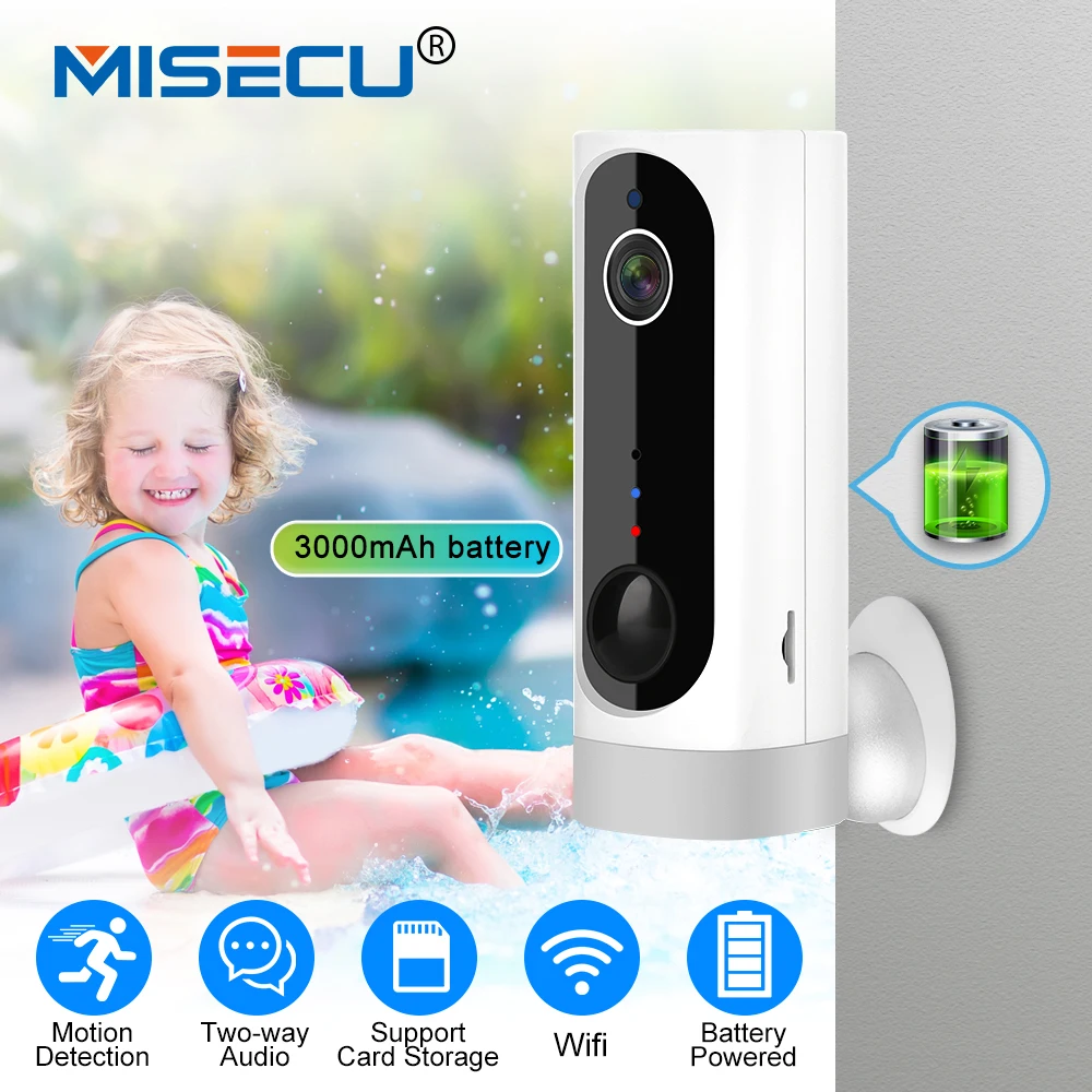 

MISECU 100% Wire-Free Rechargeable Battery HD 720P IP Wifi Camera Indoor Baby Monitor Security Camera Two Way Audio SD Card PIR