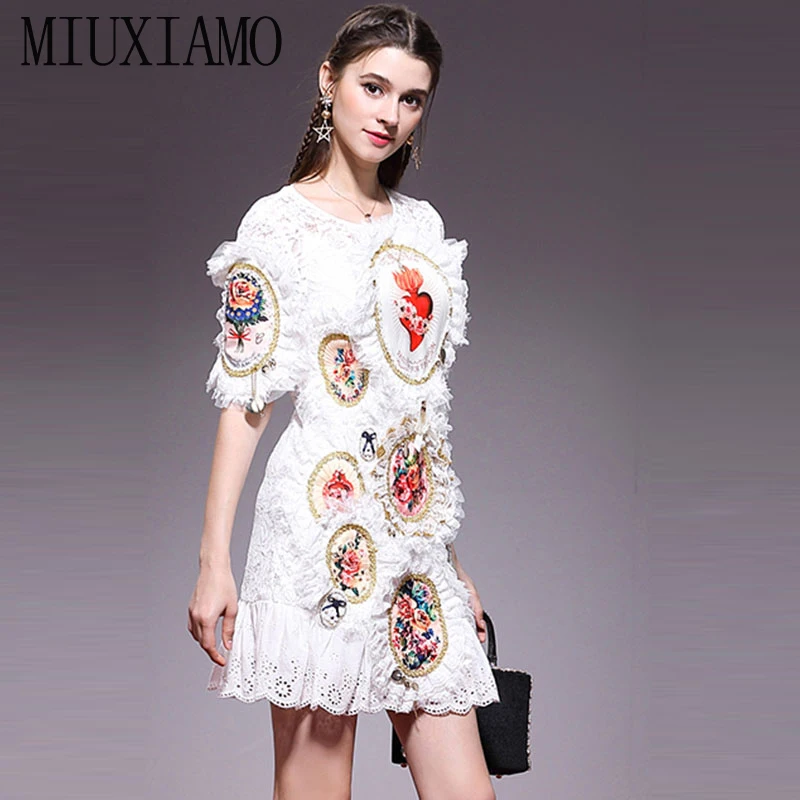 

MIUXIMAO High Quality 2019 Summer&spring Luxurious Lace Dress Flower Embroidery Beading Eleghant Casual Dress Women vestido