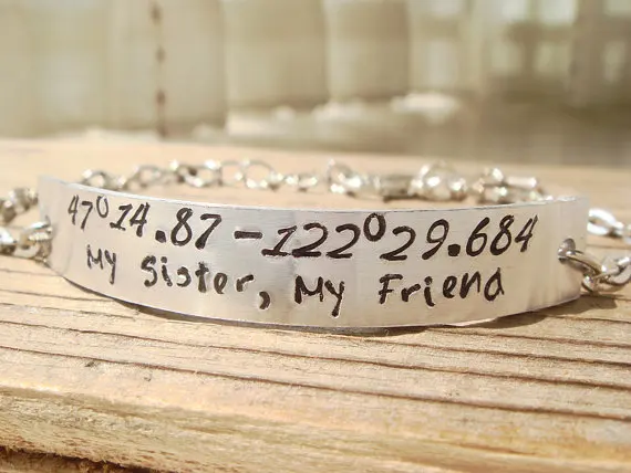 Silver Gps Coordinates Bracelet Customized Sister Brother Silver Gps Coordinates Bracelet Customized Sister Brother Best Friend Friendship Gift Personalized Jewelry