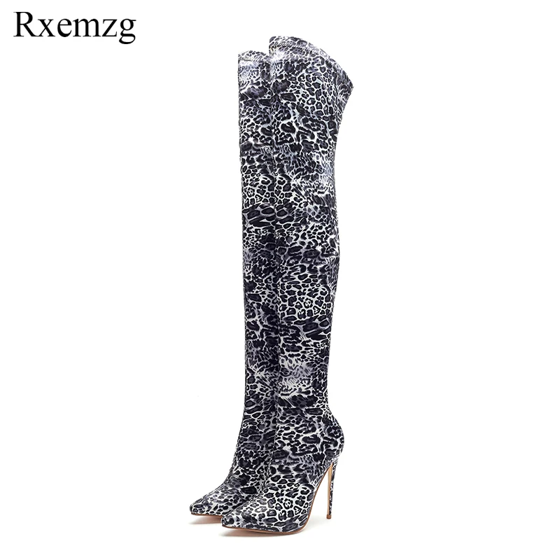 

Rxemzg big size 33-43 over the knee boots women pointed toe high heels slim thigh high boots stiletto leopard sexy shoes woman