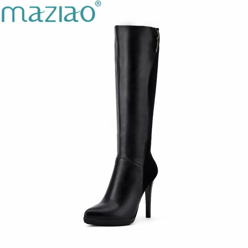 

MAZIAO 2018 Women Knee High Heel Boots Black Elegent Thin High Heel Pointed Toe Pu and Scrub Leather Ladies Boots Szie 34-39