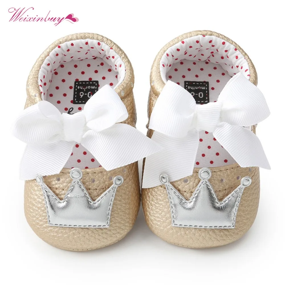 

WEIXINBUY Baby Girl Shoes Cute Dots Crown Bling PU Leather Sneakers Non-slip First Walkers Soft Sole Prewalker Princess Shoe