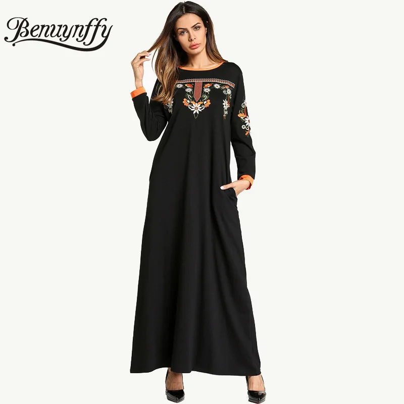 

Benuynffy Ethnic Embroidery Vintage A Line Dress Autumn Winter Ladies Casual O-neck Long Sleeve Women Elegant Maxi Dress Q861