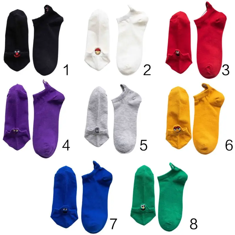 

8 Colors Korean Couples Summer Harajuku Short Boat Socks Funny Embroidered Smile Face Expression Heel Cotton Hosiery