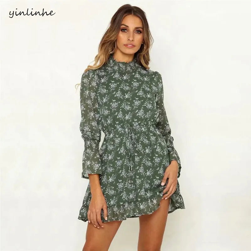 

yinlinhe Green Floral Chiffon Dress Women Long Sleeve Turtleneck Autumn Dress Elasticity Waist Slim Elegant Vestido 523