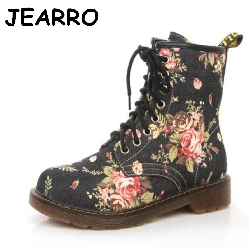 

JEARRO Women Spring Retro Small Floral Flat Boots Martin Boots For Woman Casual Lace-Up Printed Shoes Ladies Booties
