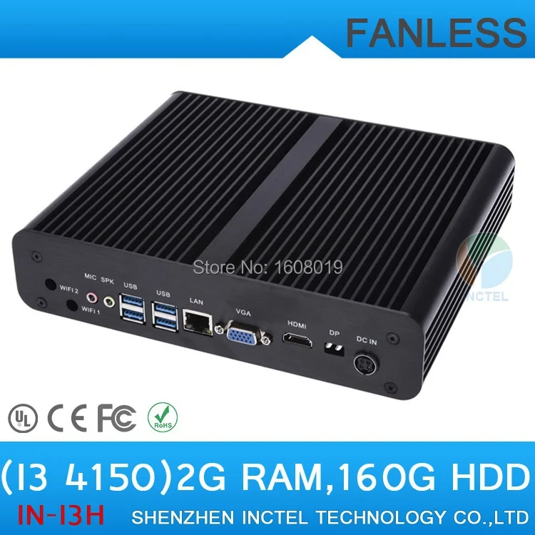Mini linux embedded cheap fanless mini pc i3 4150 with Intel Core i3 4150 3.5Ghz HDMI VGA DP Three display 2G RAM 160G HDD