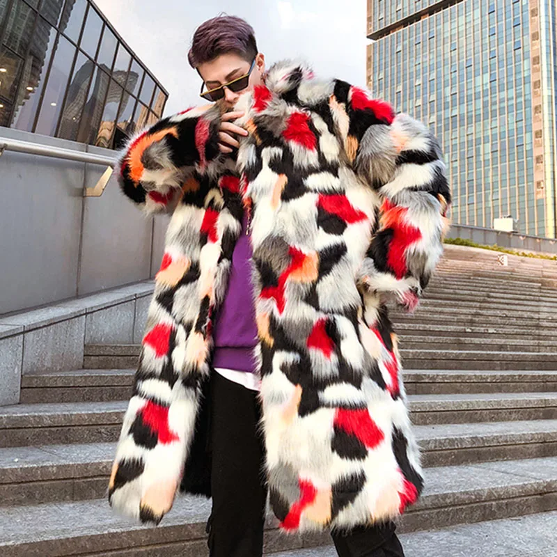 AELFRIC Fur Jacket Men Tie Dye Patchwork Winter Streetwear Long Style Jackets Hip Hop Outwear Harajuku Thick Warm Overcoat KJ168