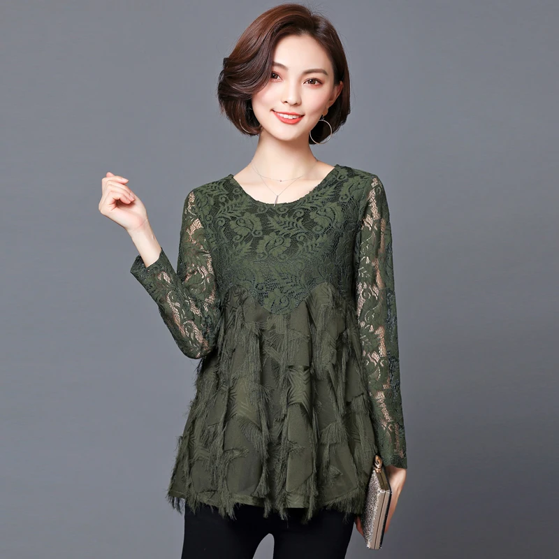 

2018 Spring Fall Elegant Women Lace Tassel Shirt Blouse With Fashion Solid Basic Shirt Tops Plus Size 5XL Korean Style T83203C