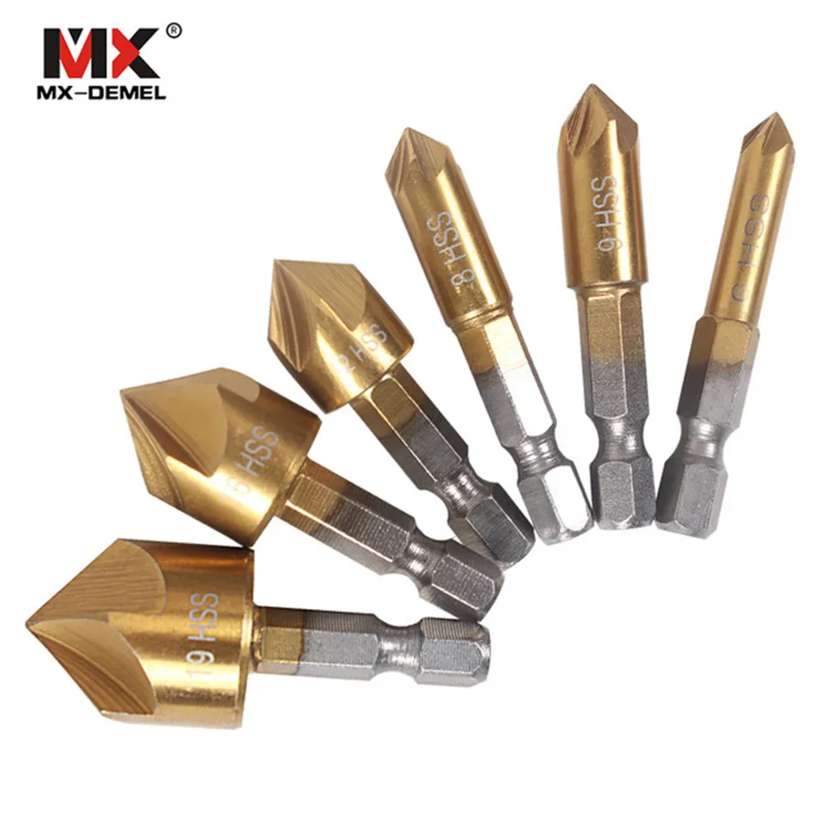 

MX-DEMEL 6PCS 5 Flute Chamfer Countersink 1/4" Hex Shank HSS 90 Degree Wood Chamfering Cutter 6mm-19mm Countersink Drill Bits
