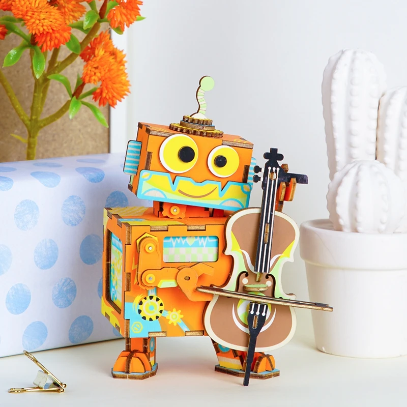 Robotime DIY 3D маленький робот-артист деревянная игра-головоломка подвижная Музыкальная Коробка игрушка подарок для детей дети взрослые AMD53 - Цвет: Белый
