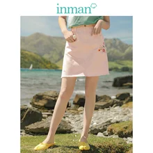 INMAN, лето, Новое поступление, хлопок, средняя талия, минимализм, трапециевидная вышивка, художественный Ретро светильник, розовая Женская короткая юбка
