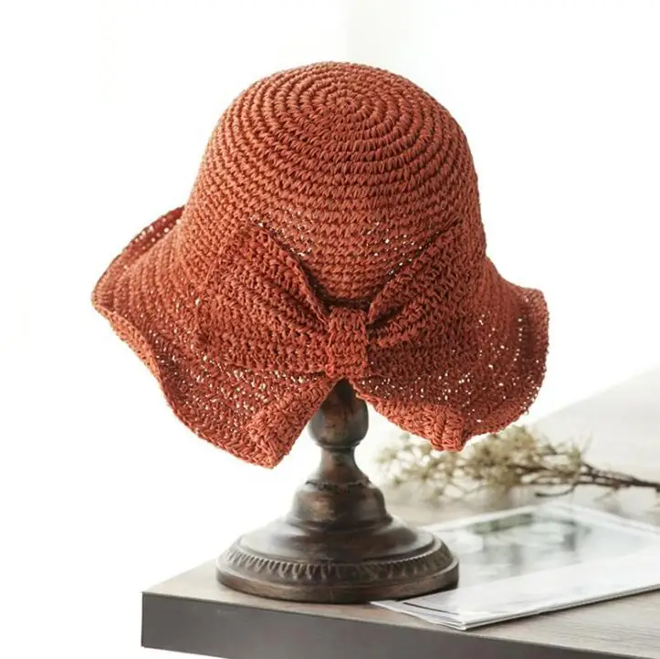 orange Floppy Summer Big Brim Hats For Women Beach Panama Straw Dome Bow Bucket Hat Female Gorras Solid Colors H3 - Цвет: orange