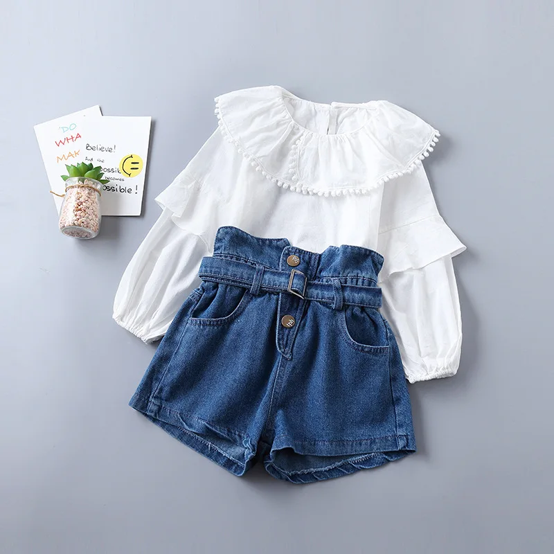 

0-6 years high quality girl clothing set 2019 new autumn fashion tiered ruched solid shirt + denim pant kid children clothing