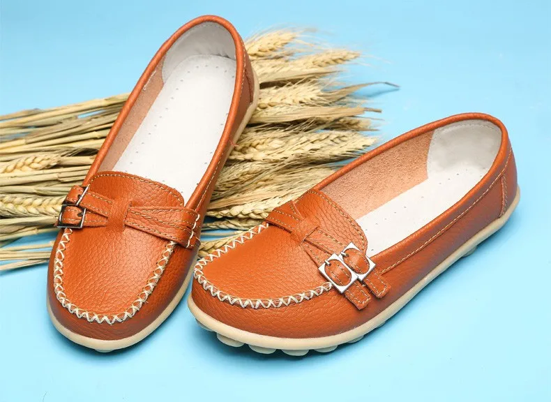 Soft Genuine Leather Shoes Women Slip On Woman Loafers Moccasins Female Flats Casual Women's Buckle Boat Shoe Plush Size 35-41 6