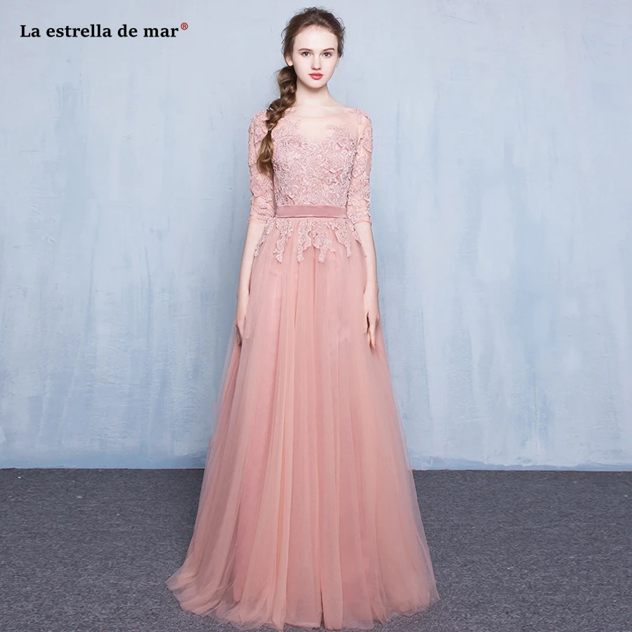 

vestidos fiesta boda new lace Half sleeve a Line Blush pink bridesmaid dresses long robe demoiselle d'honneur