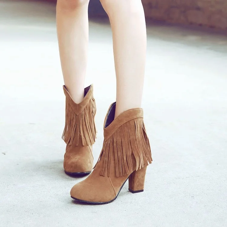 

Big Size 11 12 13 14 15 16 Rejuvenated pointed high heel thick heel fashion boots with cylindrical fringes