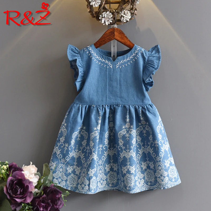 

R&Z children's dress 2019 summer new Korean girls denim embroidered solid color dress princess dress flying sleeves girls dress