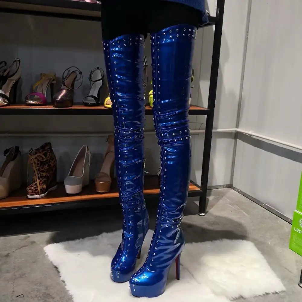 Señoras reales Fotos botas remaches picos Hi Top fiesta muslo alta botas de  moda vestido de noche la rodilla botas D126|Botas sobre la rodilla| -  AliExpress