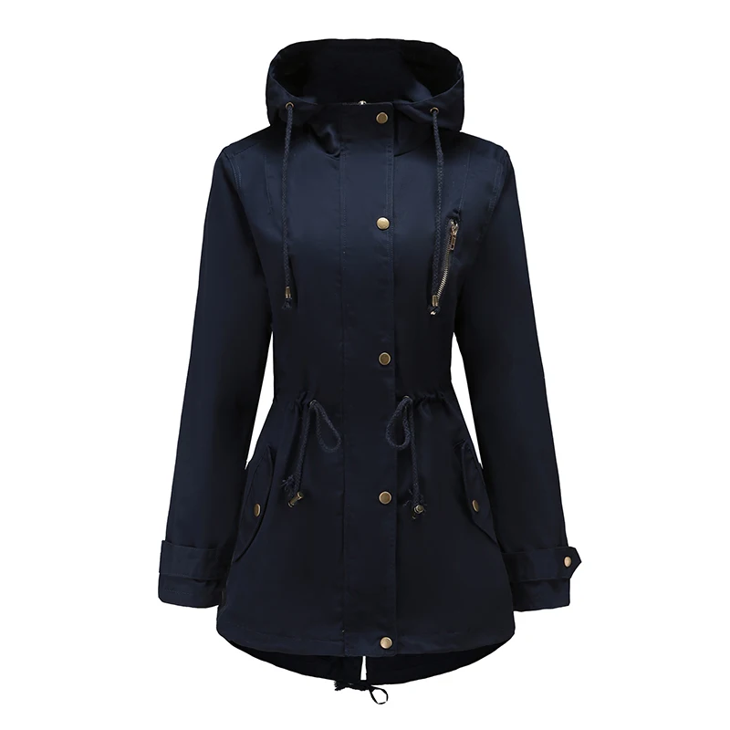 Veste Mince Femmes En À Décontractée vent Air Manches Couleur Noir Capuchon Cordon vert Unie Manteau Bleu marine De Long Coupe Longues Plein AqFrwgA6f