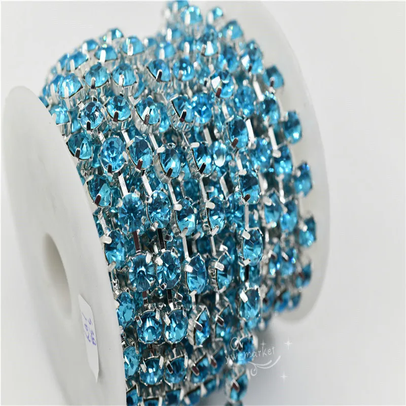 

8mm 6mm Aquamarine Crystal Rhinestone Round Cup Chain Silver Base Jewels making ss28 ss38