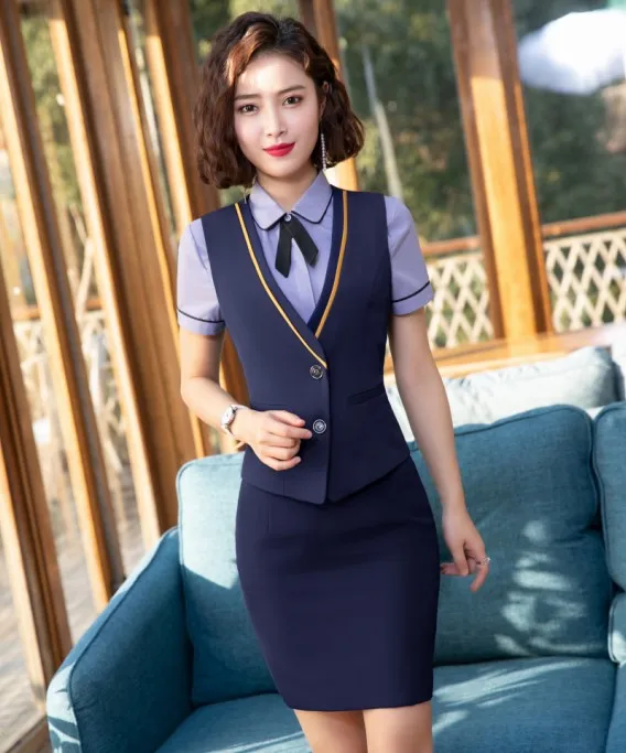 Blue vest and skirt Летняя мода профессиональный тонкий жилет пальто OL формальный buainess V образным вырезом куртка офисная Дамская размера плюс Рабочая Униформа - Цвет: Blue vest and skirt